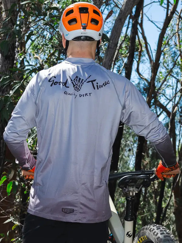 Good Times Grey Men's Long Sleeve Mountain Bike Jersey on model back  | Cycology USA