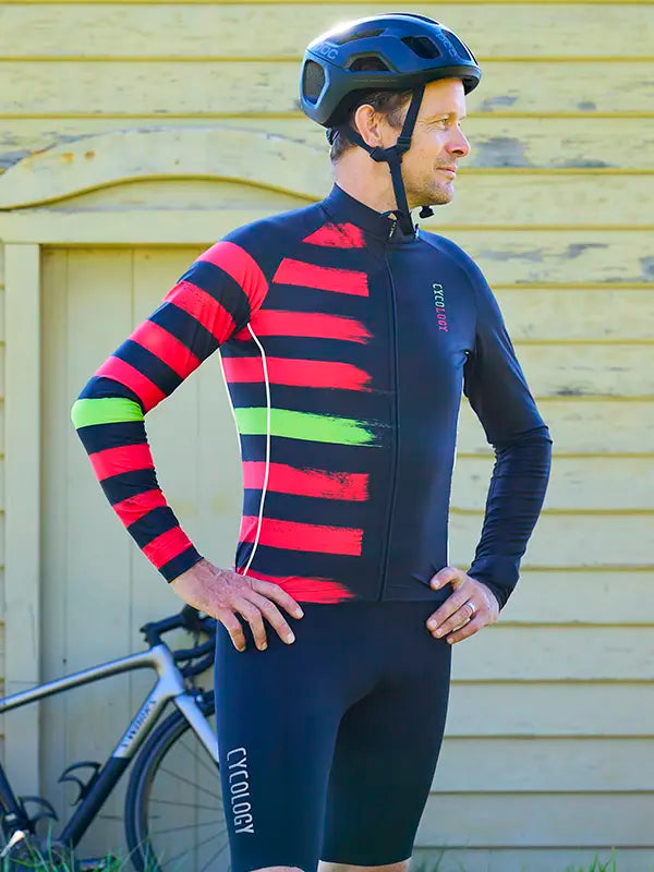 Man wearing Red Zone Black Men's Winter Long Sleeve Cycling Jersey 