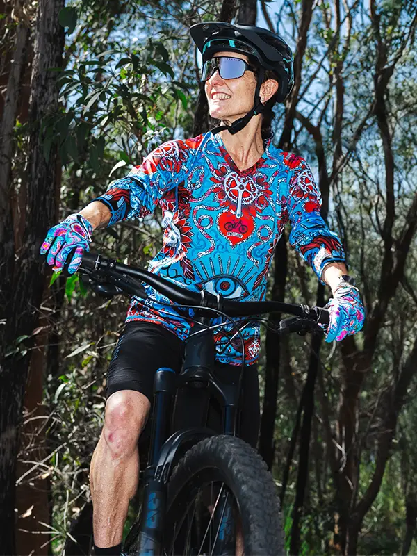 Baja Blue Womens Long Sleeve MTB Jersey on model front  | Cycology USA