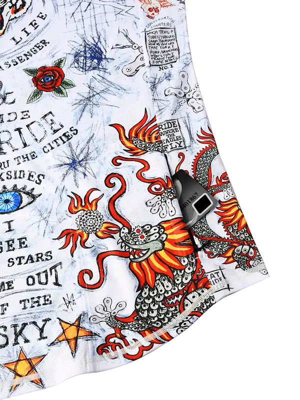 City of Angels White Women's Short Sleeve MTB Jersey zip pocket  with tattoo-style designs and text on a white background