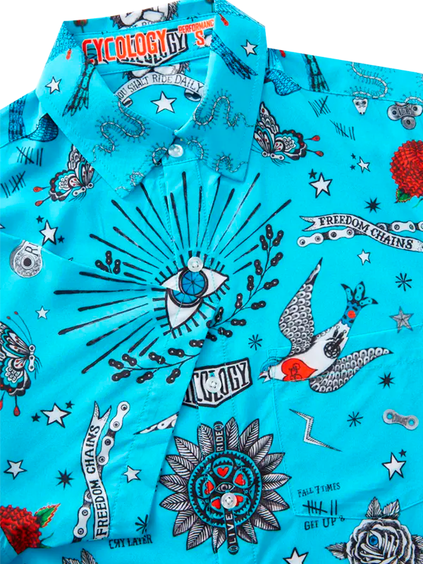 Tattoo Men's Blue Gravel Cycling Shirt Collar Cycology USA