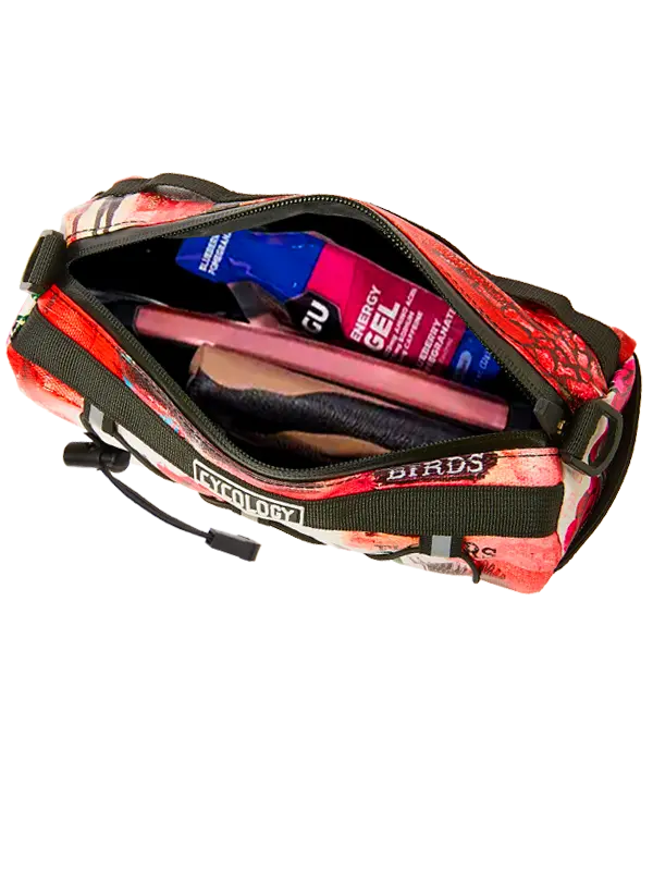 Floral-patterned bike  bag with visible contents on a white background