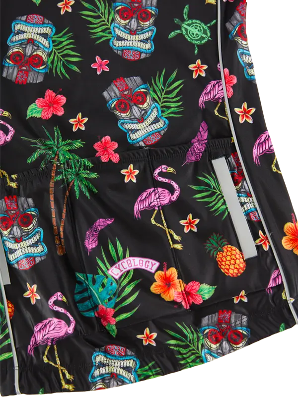 Molokai Black Women's Winter Long Sleeve Cycling Jersey with 3 rear pockets and a  colorful tropical pattern featuring skulls, flamingos, and flowers.